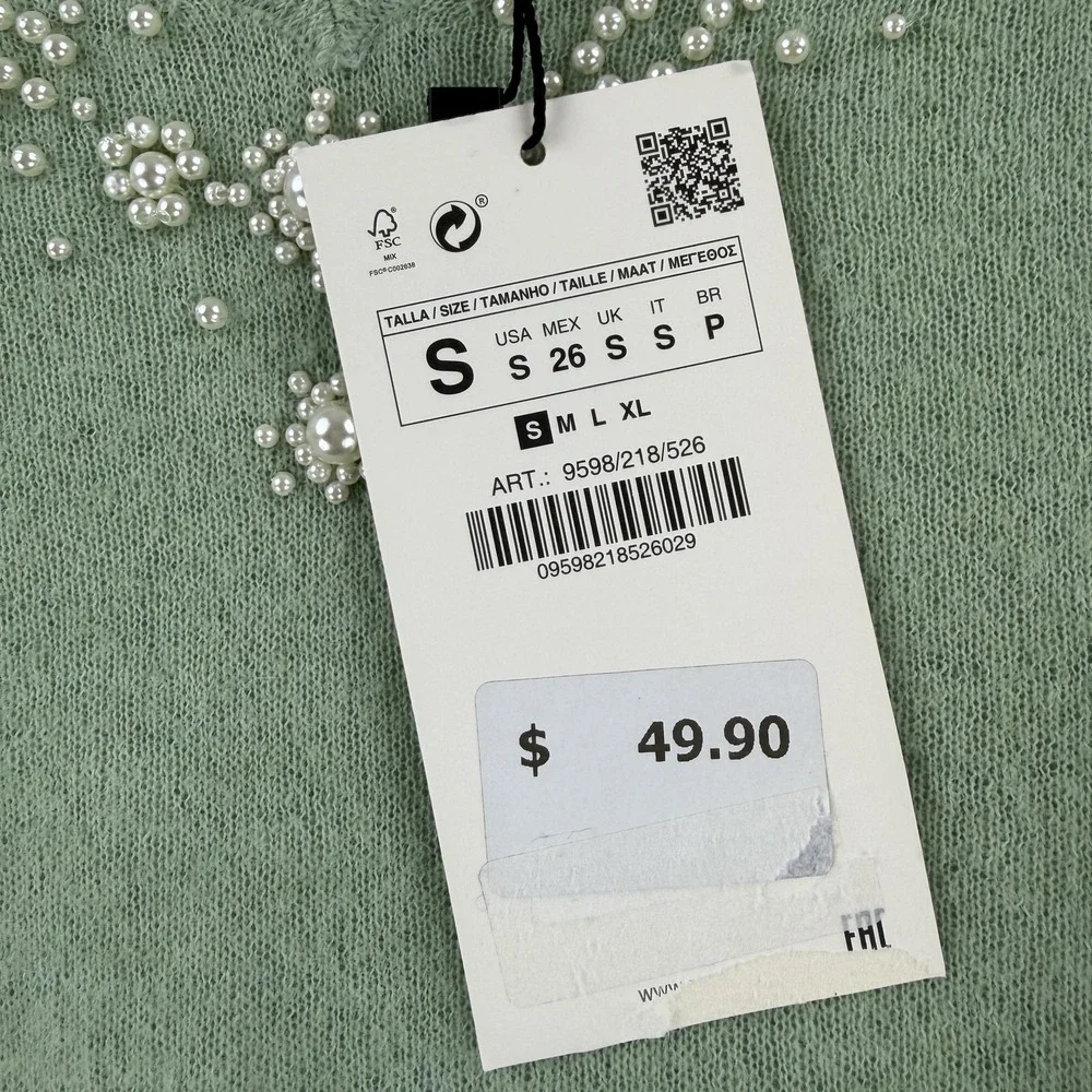 Zara Sweater Womens Small Green Beaded Pearl V Neck Cropped Knit Pullover‎ NWT